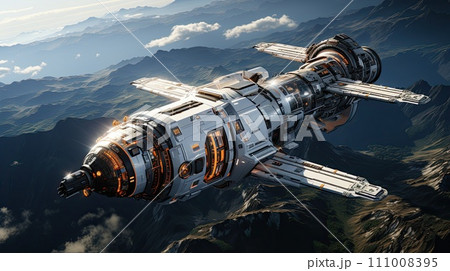 large spaceship in space in orbit against the background of the earth, Cinematic Still, Future concept, Generative AI 111008395