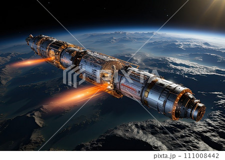 large spaceship in space in orbit against the background of the earth, Cinematic Still, Future concept, Generative AI 111008442
