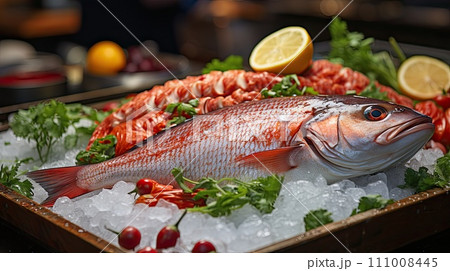 Fresh fish in a pile of ice in the supermarket or at the market, mixed fish for sale at the market, 111008445