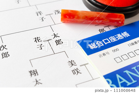 家系図と預金通帳とハンコ　財産　名義預金　贈与　相続 111008648