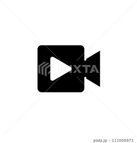 Play video vector simple icon with video camera and triangle inside. Silhouette isolated vector icon.  111008971