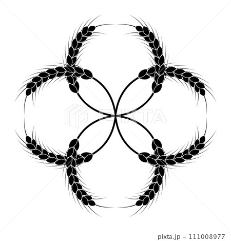Round wheat wreath and ornament. Black and white silhouette. Design template for packaging, labels, prints and other ideas. Vector illustration and drawing. 111008977
