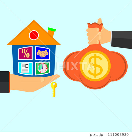 Hand holds house and key on finger and giving, receiving money bag with golden coins from other hand. Concept for home agent, sale and rent of a house and buyer or customer. Vector illustration. 111008980
