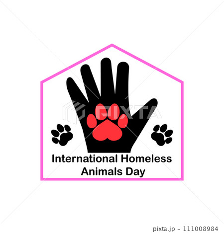 Palm of hand with paw print. International Homeless Animals Day design template. Vector drawing. Isolated illustration on white background. 111008984
