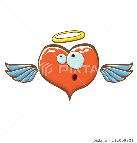 Cartoon bintage groovy heart character with wings and holy angel golden nimbus isolated on white background. Conceptual valentines day comic funky heart sticker and label vintage cartoon comic style 111009201