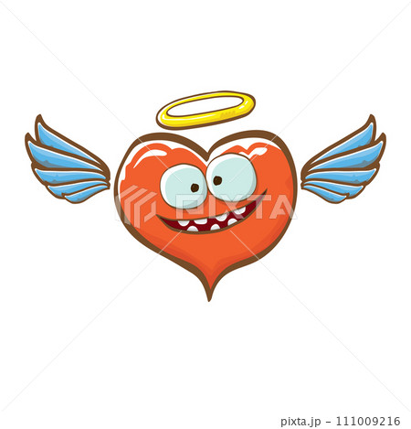 Cartoon bintage groovy heart character with wings and holy angel golden nimbus isolated on white background. Conceptual valentines day comic funky heart sticker and label vintage cartoon comic style 111009216