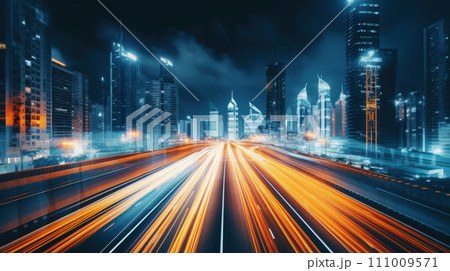 AI-generated content. Long exposure photo of a night road in a metropolis. Nighttime atmospheric light from cars. Generative AI 111009571