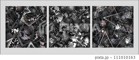 Abstract gray camouflage patterns with paint splatter, smudge, paint brush strokes, broken lines, halftone shapes. Dense chaotic composition For apparel, fabric, textile, sport goods Grunge texture Abstract gray camouflage patterns with paint splatter, smudge, paint brush strokes, broken lines, halftone shapes. Dense chaotic composition For apparel, fabric, textile, sport goods Grunge texture 111010163