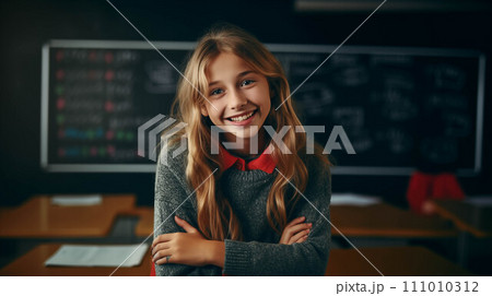Generative AI Caucasian girl smiling with confidence in classroom. 111010312
