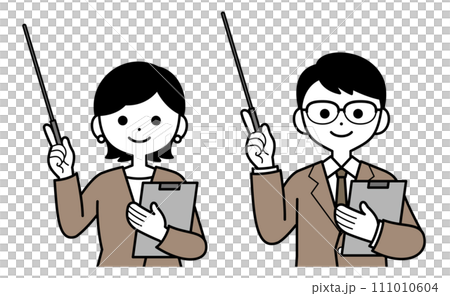 解説するスーツ姿の女性と男性 解説するスーツ姿の女性と男性 111010604