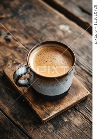 Cup of aromatic coffee cappuccino on a brown wooden background 111010729