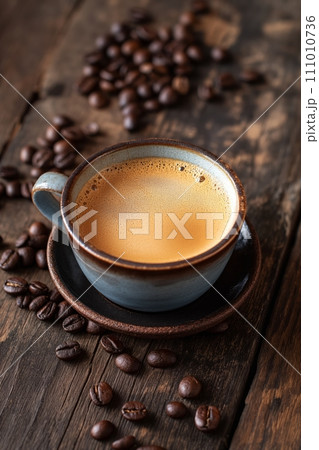 Cup of aromatic coffee cappuccino on a brown wooden background 111010736