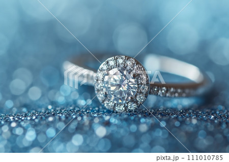 Diamond engagement ring on a blue shiny background. Luxury female jewelry close up 111010785
