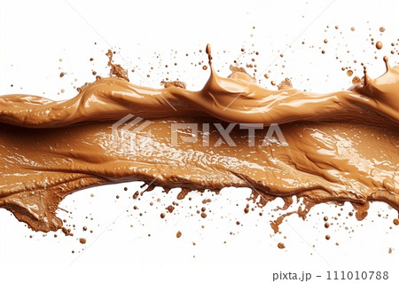 Liquid foundation splashing isolated on white background. Closeup makeup smudges or beige fluid 111010788