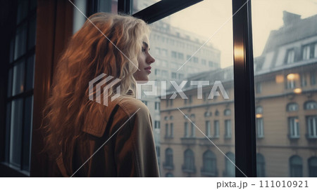 Generative AI Caucasian woman looking at the scenery outside the window. 111010921
