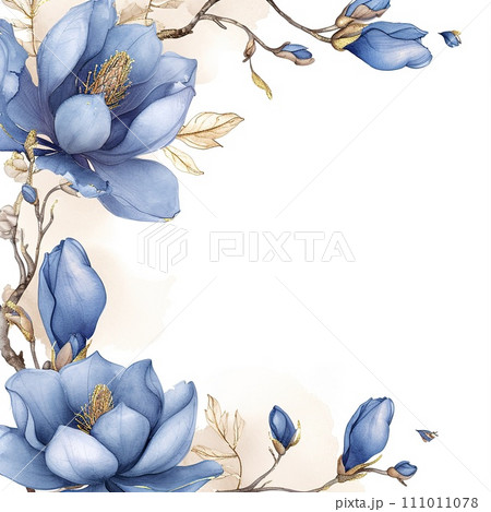 Watercolor frame from blue magnolia with gold leafs. Modern trendy design frame Watercolor frame from blue magnolia with gold leafs. Modern trendy design frame 111011078