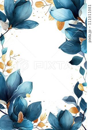 Watercolor frame from blue magnolia with gold leafs. Watercolor design vertical template Watercolor frame from blue magnolia with gold leafs. Watercolor design vertical template 111011081