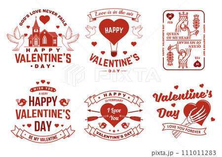 Set of vintage happy valentines day badge. Vector illustration. Template for Valentines Day greeting card, banner, poster, flyer with red church, doves, playing card queen, skeleton hand holding a 111011283