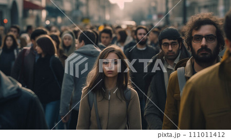Generative AI Crowd of Caucasian people walking in a busy city. 111011412