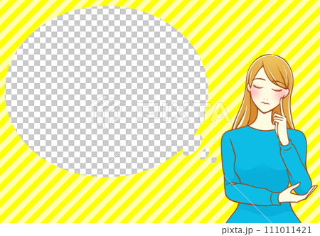 人差し指を頬にあてて考える茶髪の女性 フキダシ(青×黄) 人差し指を頬にあてて考える茶髪の女性 フキダシ(青×黄) 111011421