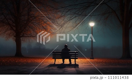 Generative AI People sitting on benches in the park at night. 111011438