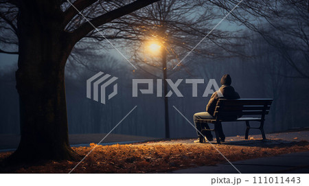 Generative AI People sitting on benches in the park at night. 111011443