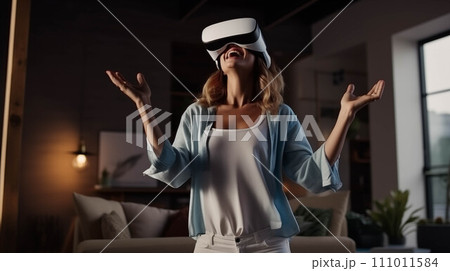 Generative AI Caucasian woman using VR in living room. 111011584