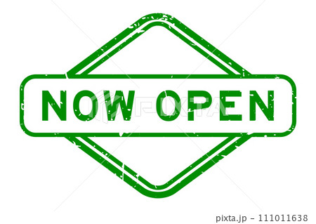 Grunge green now open word rubber seal stamp on white background 111011638