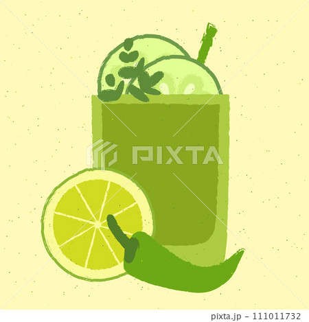 Green cocktail with cucumber and hot pepper. Soft alcohol liquid. Vector 111011732