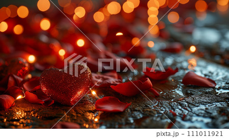 AI-generated content. A shiny scarlet heart surrounded by red rose petals and lights on a dark background. 111011921