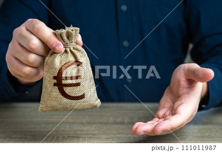 Giving gesture and euro money bag. Banking and crediting. The man offers a deal in return. Mortgage, loan approval. Salary benefits. Attracting investments. Deposit savings. Cashback. 111011987