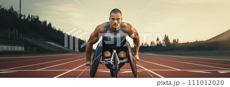 Generative AI Caucasian male wheelchair athlete competing on a running track. 111012020