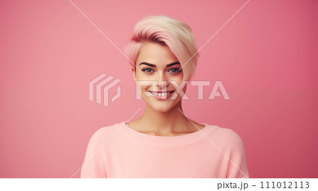 Generative AI Caucasian woman wearing a sweater on a pink background. 111012113