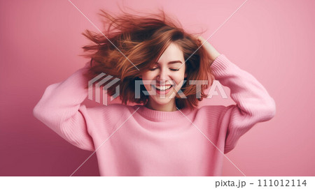 Generative AI Caucasian woman wearing a sweater on a pink background. Generative AI Caucasian woman wearing a sweater on a pink background. 111012114
