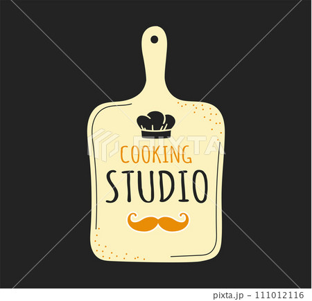 Cooking studio. Cook logo. Restaurant kitchen chef emblem, bakery and cookery badge. sticker mockup with lettering and cooker hat isolated on black. Food preparing course. Vector label template Cooking studio. Cook logo. Restaurant kitchen chef emblem, bakery and cookery badge. sticker mockup with lettering and cooker hat isolated on black. Food preparing course. Vector label template 111012116