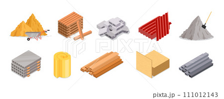 House materials. Building site. Wood board and timber. Sand heap. Iron and cement pile. Metal pipe pieces. Raw concrete for road repair. Industrial construction. Vector cartoon icons set House materials. Building site. Wood board and timber. Sand heap. Iron and cement pile. Metal pipe pieces. Raw concrete for road repair. Industrial construction. Vector cartoon icons set 111012143