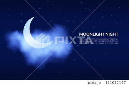 Night sky. Clouds and crescent. Stars constellation. Half moon in dark blue moonlight. Summer evening scene with romantic starlit glow. Midnight cloudscape. Vector cosmic background 111012147