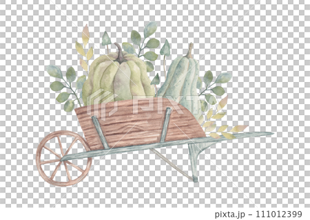 Wooden cart with pumpkins, leaves and mushrooms. Watercolor illustration. Autumn composition with vegetables. Decoration for seasonal holidays and Thanksgiving. Harvest concept. Hand drawn isolated. 111012399