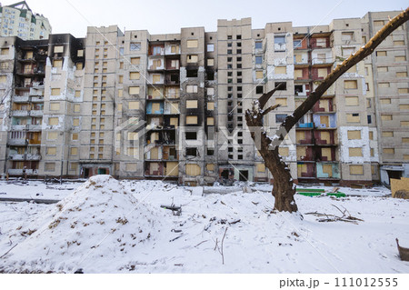 An residential building shelled by the Russian army. Kyiv, Ukraine. - 3 January, 2024. An residential building shelled by the Russian army. Kyiv, Ukraine. - 3 January, 2024. 111012555