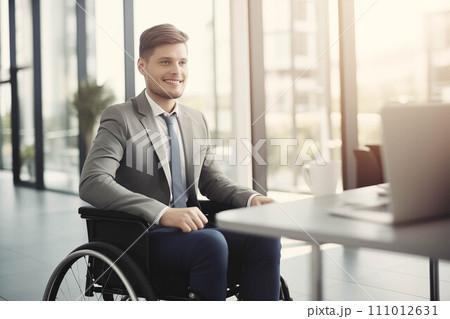 Generative AI Caucasian male businessman sitting in a wheelchair in the office. 111012631