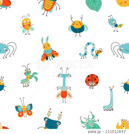 Insects seamless pattern. Hand drawn insect fabric print. Childish doodle nature characters, cute bug and butterfly. Nowaday vector cartoon design 111012647
