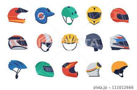 Cartoon helmets set. Bikers helmet collection, isolated head protect for moto sport or bicycle. Driver safety accessories, decent vector equipment Cartoon helmets set. Bikers helmet collection, isolated head protect for moto sport or bicycle. Driver safety accessories, decent vector equipment 111012666