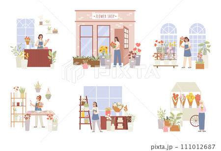 Florist scenes. Women working in flower shops and market. Happy girl with flowers, doing bouquets and care branches. Professional snugly vector set 111012687
