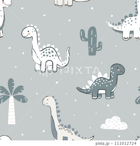 Seamless pattern with cute dinosaur in pastel colors. 111012724