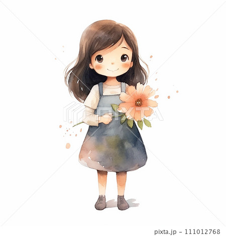 cute girl with a flower, watercolor drawing in anime, kawaii styles. scrapbooking 111012768