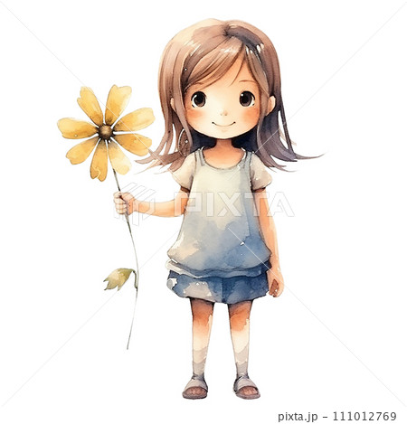 cute girl with a flower, watercolor drawing in anime, kawaii styles. scrapbooking 111012769