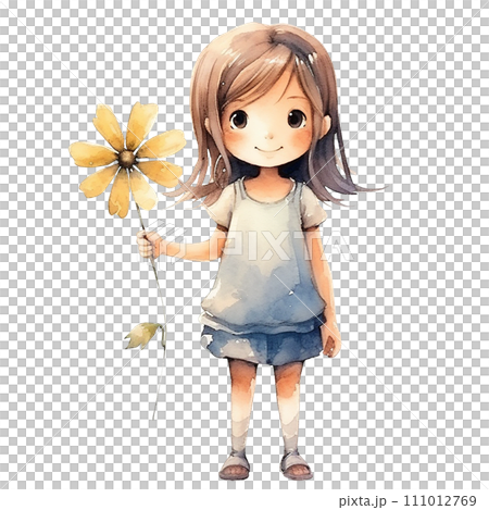 cute girl with a flower, watercolor drawing in anime, kawaii styles. scrapbooking 111012769