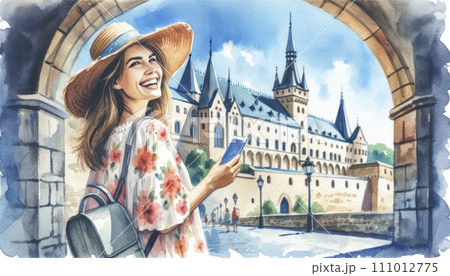 Generative AI The image is of a cheerful woman tourist holding a smartphone in a historic European city. 111012775