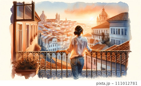 Generative AI The image is a watercolor of a woman on a balcony overlooking a historic European city at sunrise. 111012781