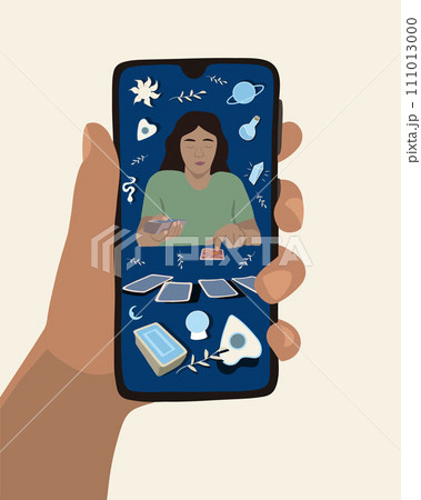 Vector isolated illustration of tarot online. Online consultation. Online fortune-telling on tarot cards. Online training on tarot cards. Vector isolated illustration of tarot online. Online consultation. Online fortune-telling on tarot cards. Online training on tarot cards. 111013000